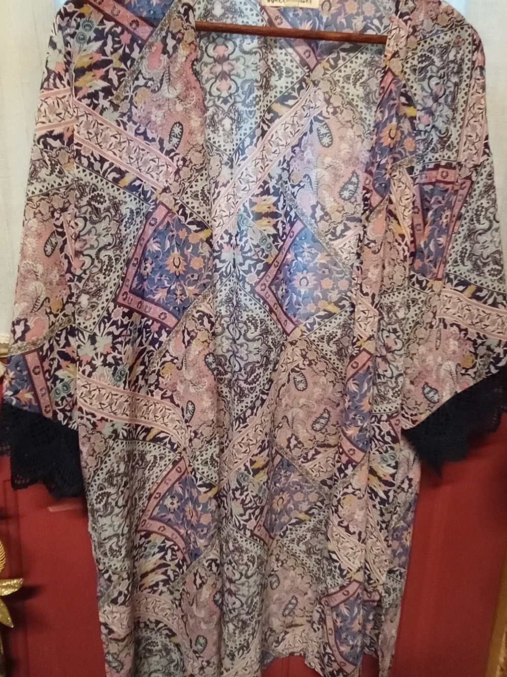 Wallflower Multicolor Paisley Patchwork Kimono Jacket with Black Lace Trim